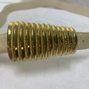 VTG Dressy Cream Snakeskin Embossed Belt Large Ribbed Gold Tone Statement Buckle